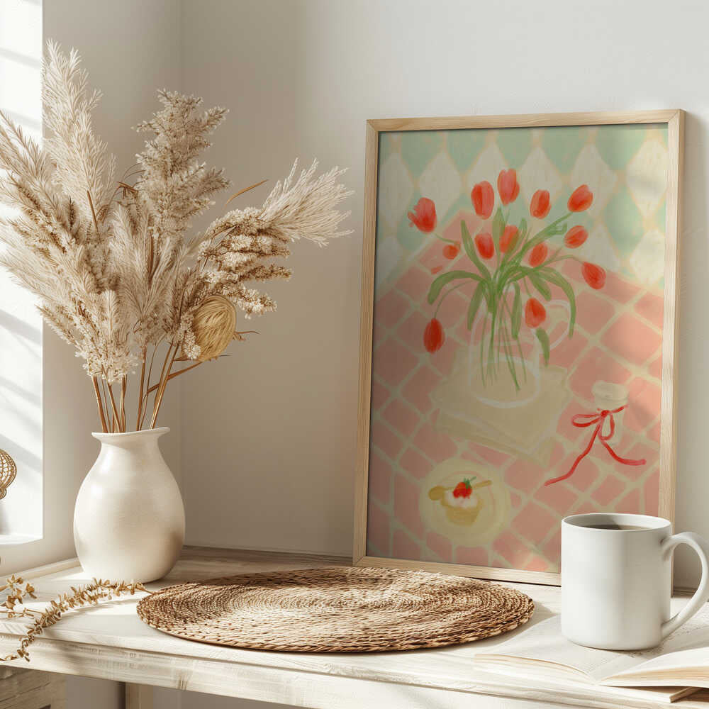Red Tulips Summer Picnic - Stretched Canvas Poster or Fine Art Print