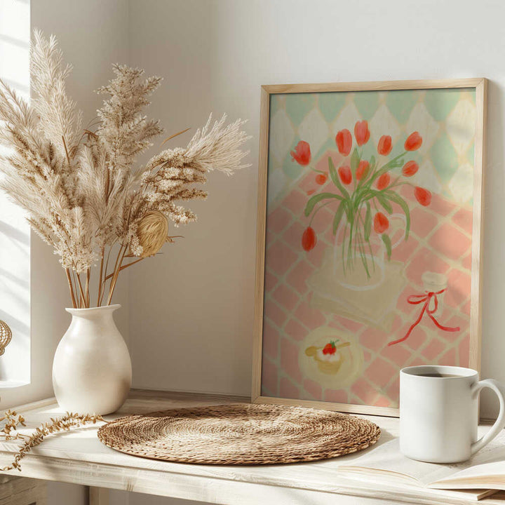 Red Tulips Summer Picnic - Stretched Canvas Poster or Fine Art Print