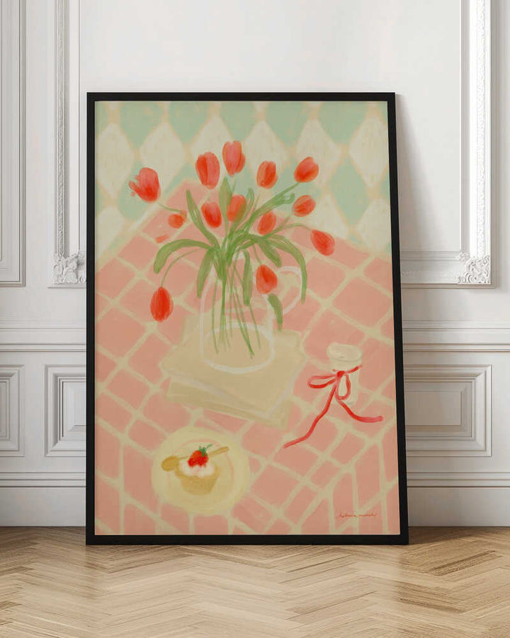 Red Tulips Summer Picnic - Stretched Canvas Poster or Fine Art Print
