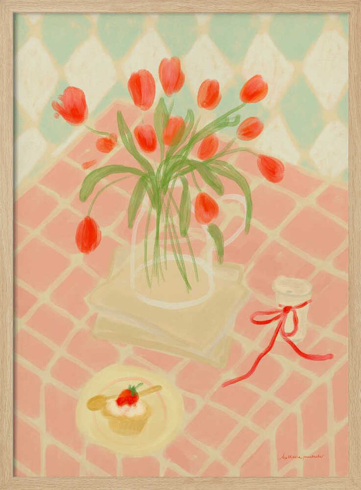 Red Tulips Summer Picnic - Stretched Canvas Poster or Fine Art Print