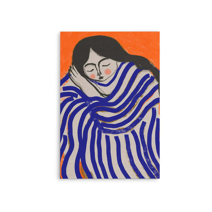 A stylized illustration of a woman sleeping wrapped in bold blue and white stripes on an orange background print by Treechild