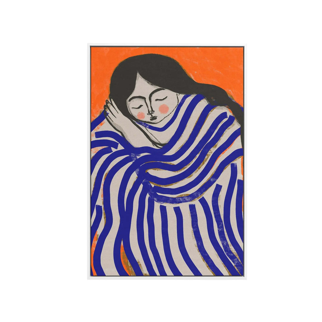 Stylized artwork print by treechild of a sleeping woman with long black hair in blue and white striped dress on orange background