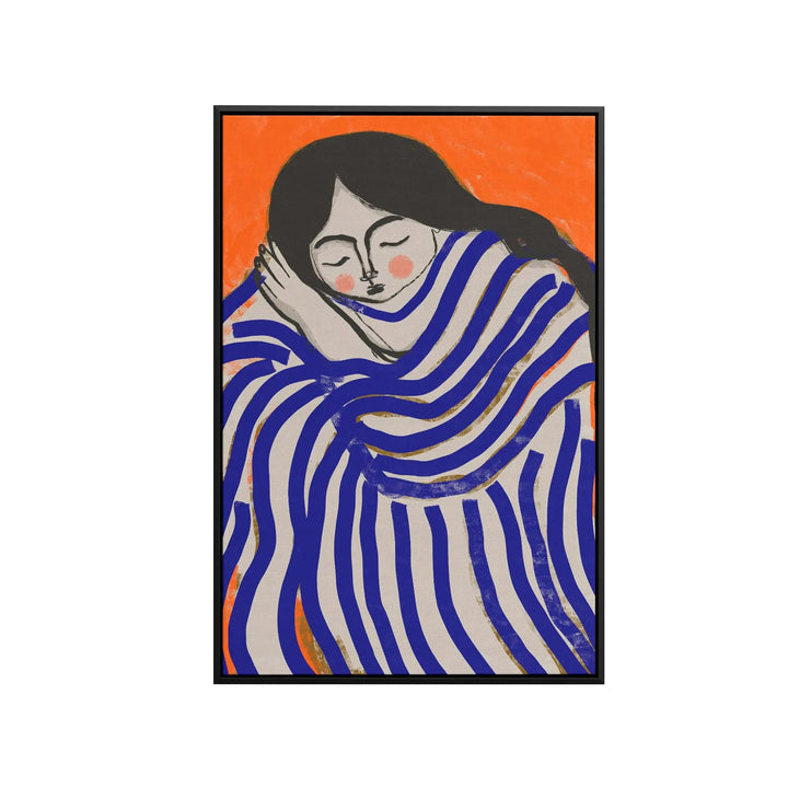 A framed artwork titled resting beauty by Treechild featuring a stylized woman in a blue and orange striped dress print