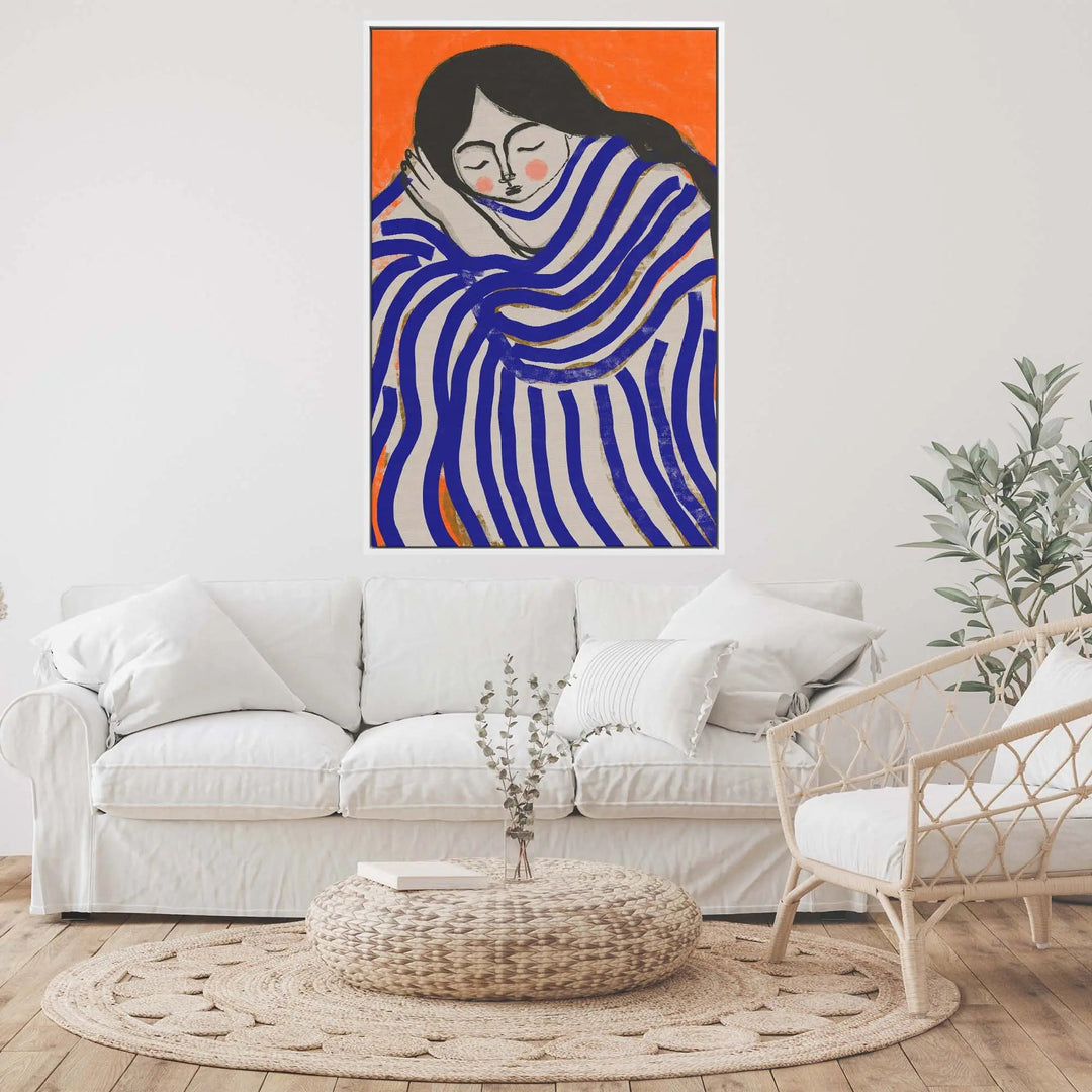 A vibrant abstract print titled resting beauty by treechild featuring a woman with long black hair in blue and white stripes on orange background