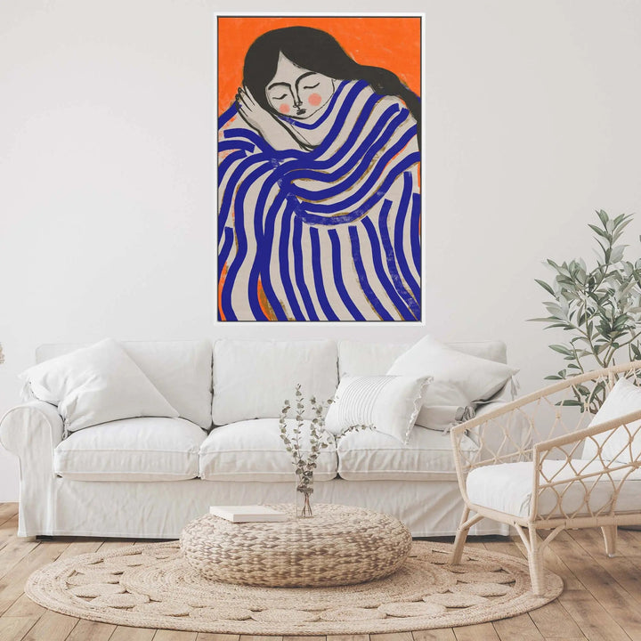A vibrant abstract print titled resting beauty by treechild featuring a woman with long black hair in blue and white stripes on orange background