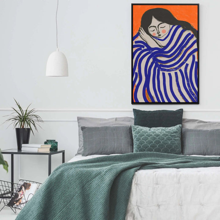 A framed artwork titled resting beauty by treechild showing a stylized woman in a blue and white striped dress on orange background
