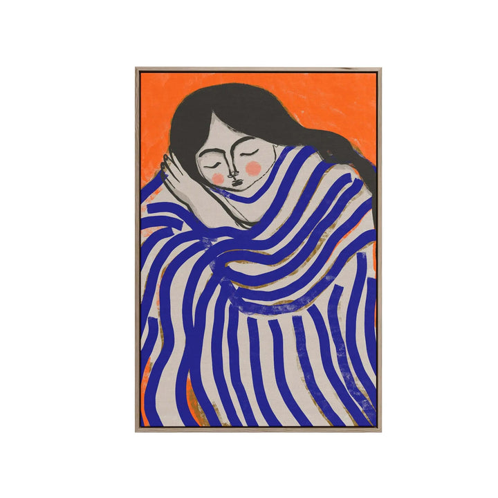 A framed print titled resting beauty by Treechild featuring a stylized woman in blue and white stripes on orange background