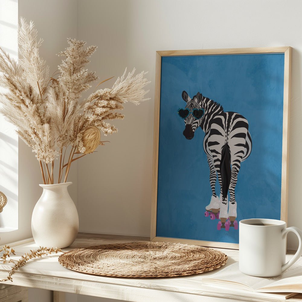 Rollerskating Zebra blue - Stretched Canvas, Poster or Fine Art Print - I Heart Wall Art - Poster Print, Canvas Print or Framed Art Print