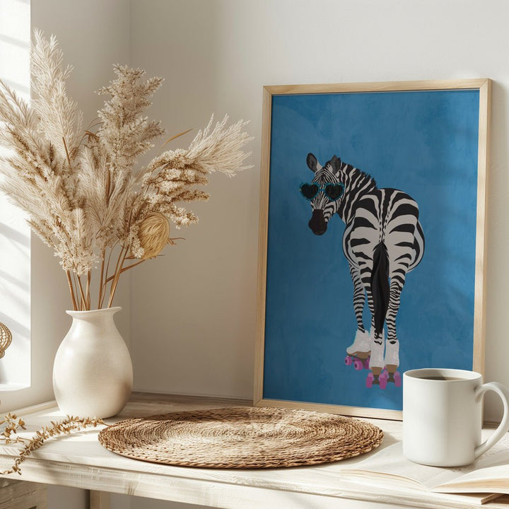 Rollerskating Zebra blue - Stretched Canvas, Poster or Fine Art Print - I Heart Wall Art - Poster Print, Canvas Print or Framed Art Print