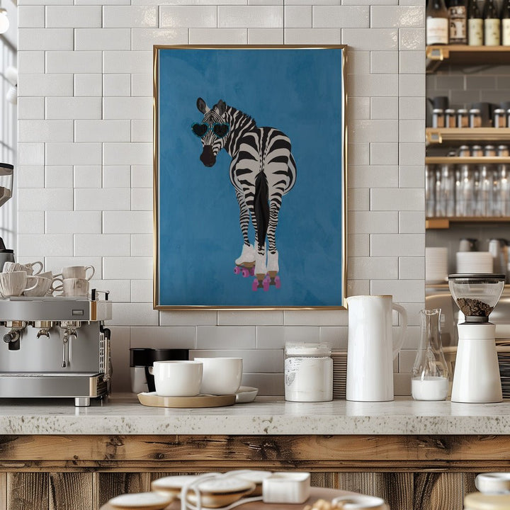 Rollerskating Zebra blue - Stretched Canvas, Poster or Fine Art Print - I Heart Wall Art - Poster Print, Canvas Print or Framed Art Print