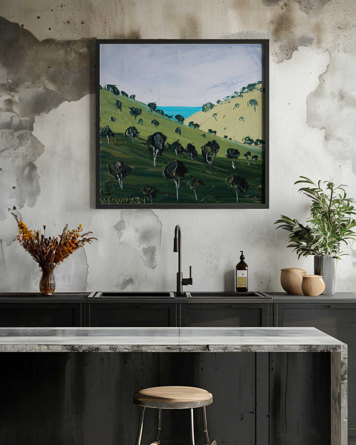 Rolling Hills Ocean View - Square Stretched Canvas, Poster or Fine Art Print by Angela Hawkey - I Heart Wall Art - Poster Print, Canvas Print or Framed Art Print