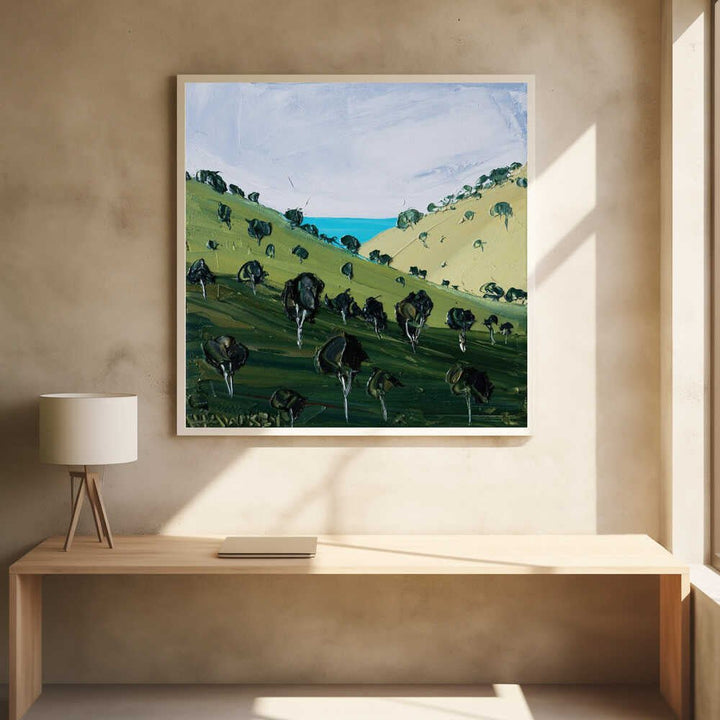 Rolling Hills Ocean View - Square Stretched Canvas, Poster or Fine Art Print by Angela Hawkey - I Heart Wall Art - Poster Print, Canvas Print or Framed Art Print