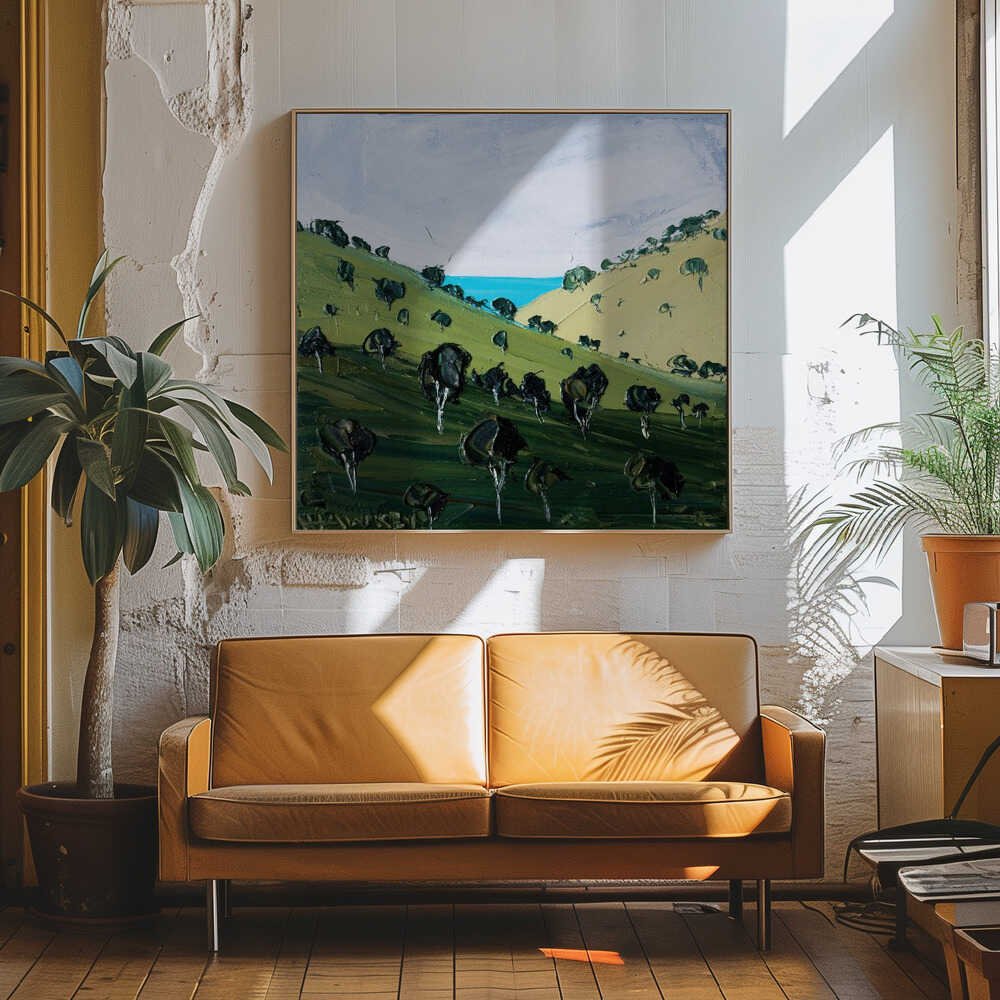 Rolling Hills Ocean View - Square Stretched Canvas, Poster or Fine Art Print by Angela Hawkey - I Heart Wall Art - Poster Print, Canvas Print or Framed Art Print