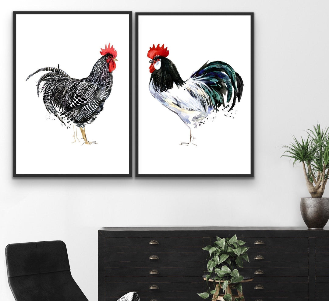 Rooster Stand Off - Two Piece Watercolour Rooster Canvas or Art Print Set Diptych - I Heart Wall Art