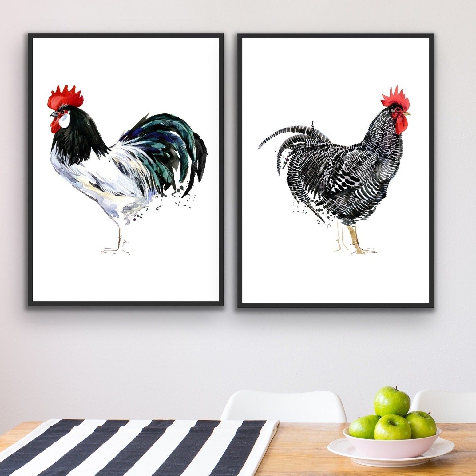 Rooster Stand Off - Two Piece Watercolour Rooster Canvas or Art Print Set Diptych - I Heart Wall Art