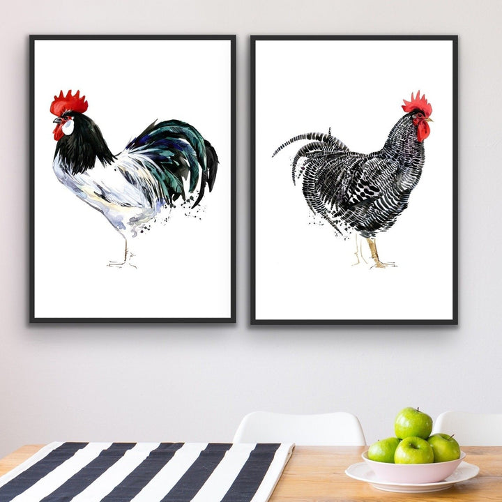 Rooster Stand Off - Two Piece Watercolour Rooster Canvas or Art Print Set Diptych - I Heart Wall Art