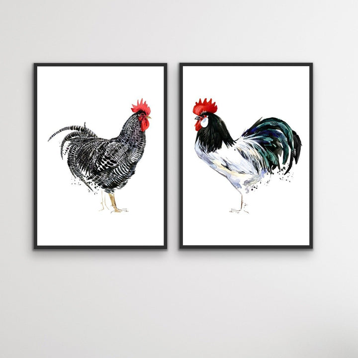 Rooster Stand Off - Two Piece Watercolour Rooster Canvas or Art Print Set Diptych - I Heart Wall Art