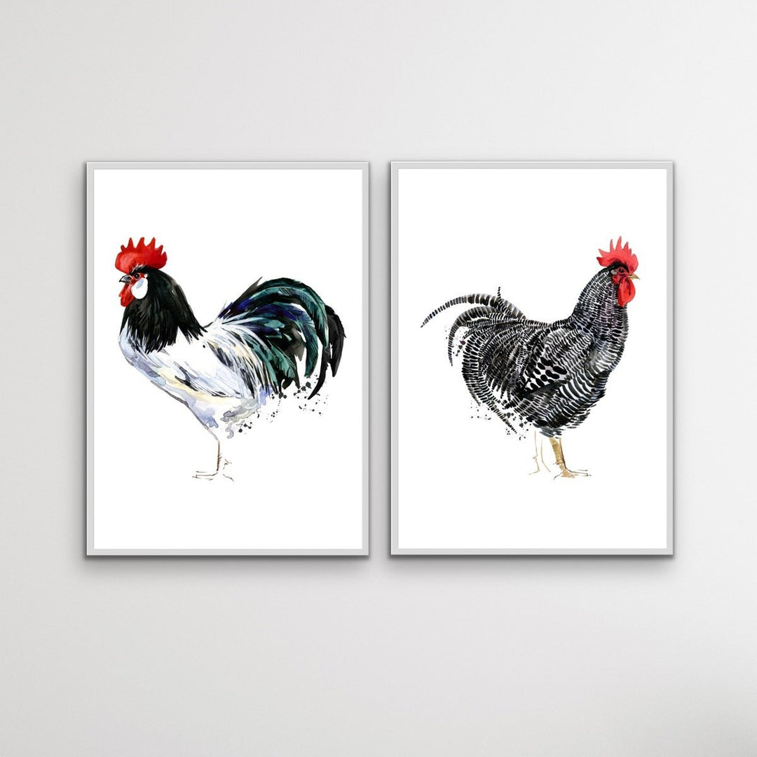 Rooster Stand Off - Two Piece Watercolour Rooster Canvas or Art Print Set Diptych - I Heart Wall Art