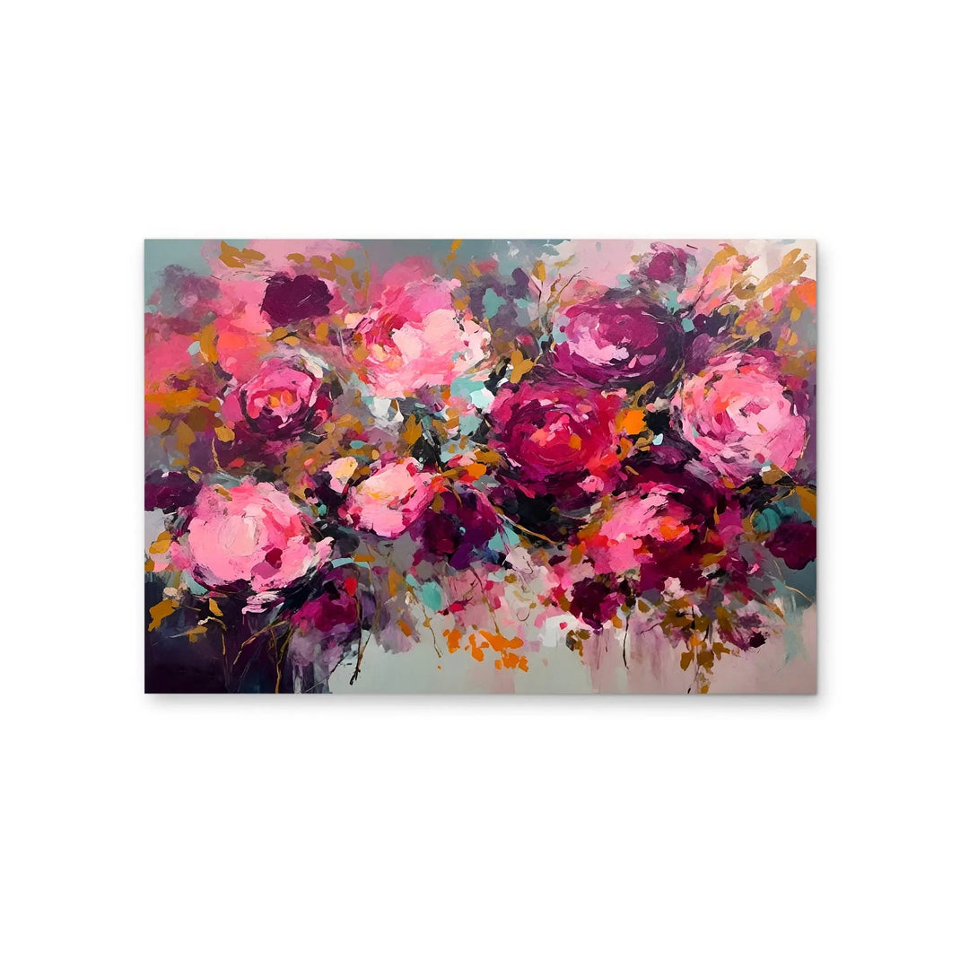 Rosy One floral bouquet abstract artwork stretched canvas print with vibrant pink magenta and purple blossoms on gray background
