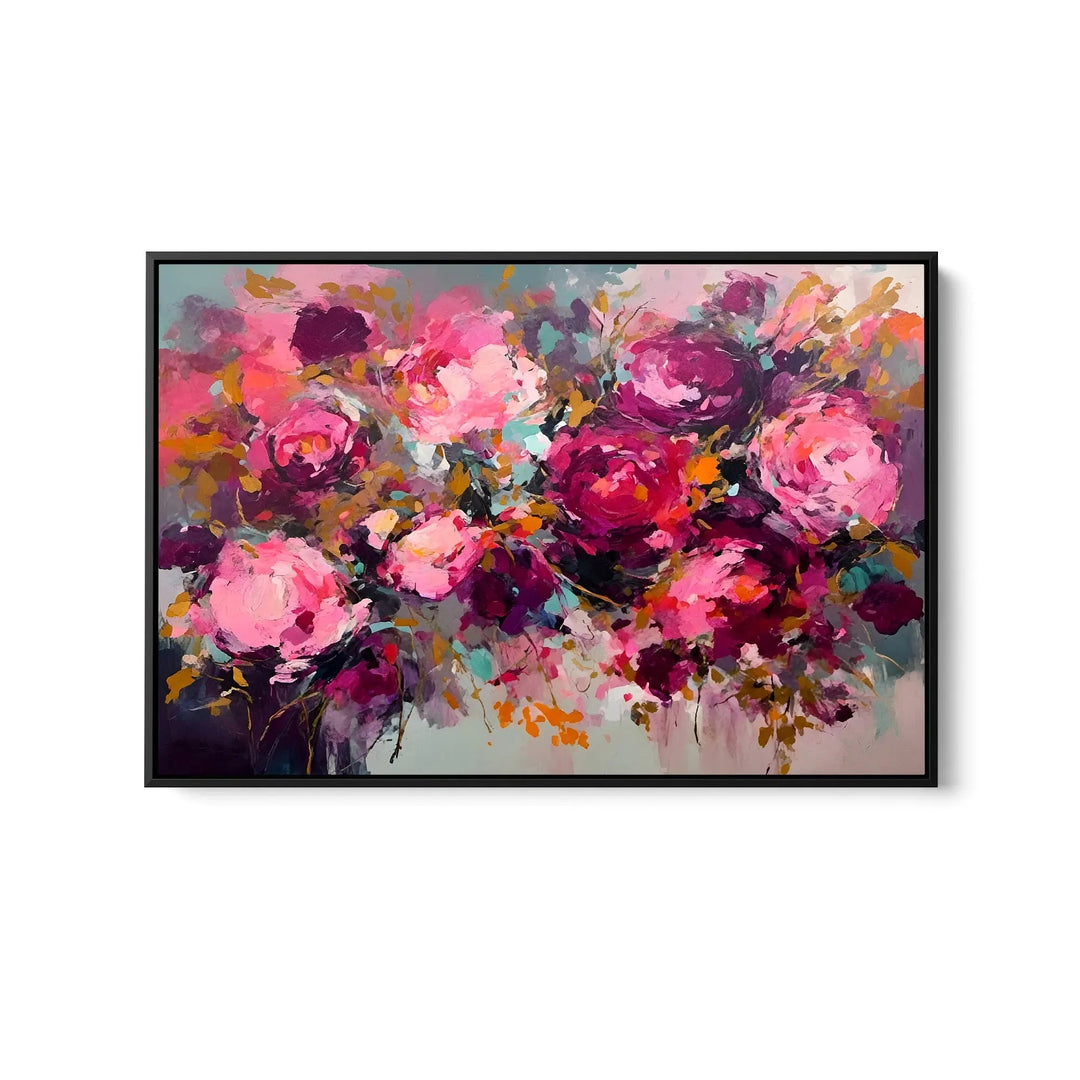 Rosy One floral bouquet abstract artwork stretched canvas print with pink magenta purple blossoms in black frame