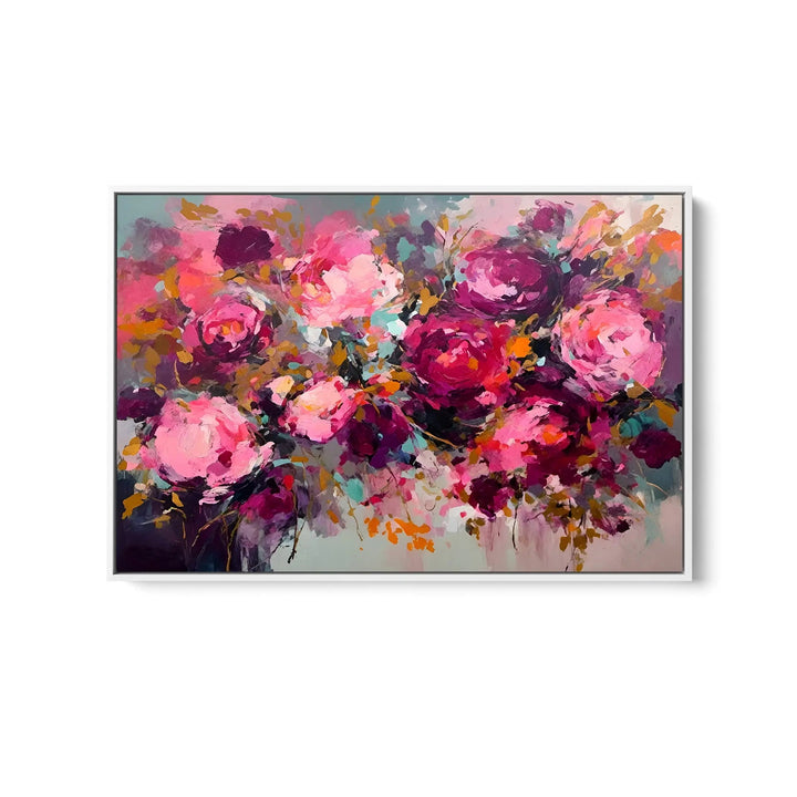 Rosy one floral bouquet abstract artwork stretched canvas print featuring bold pink magenta and purple blossoms on gray background