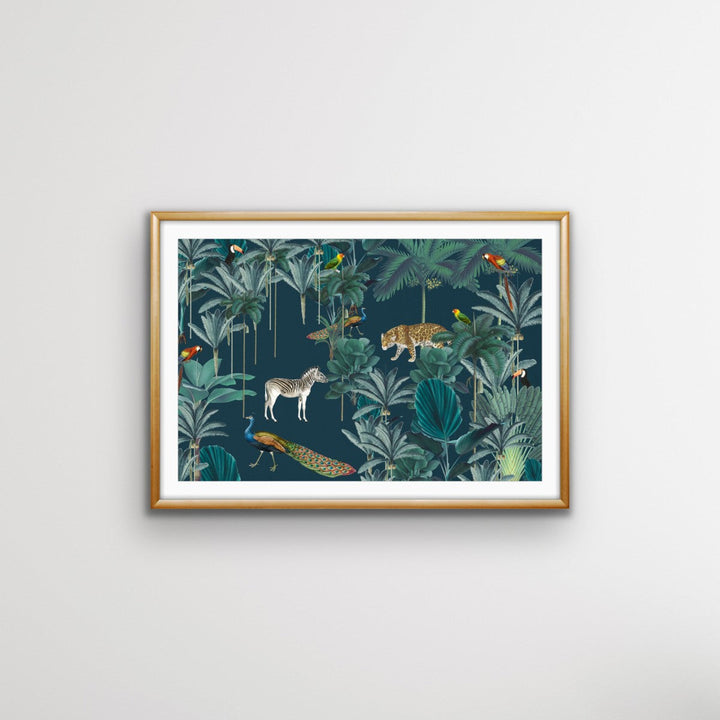 Royal Jungle - Dark Green Animalia Style Jungle Print with Cheetah Zebra Toucan - I Heart Wall Art