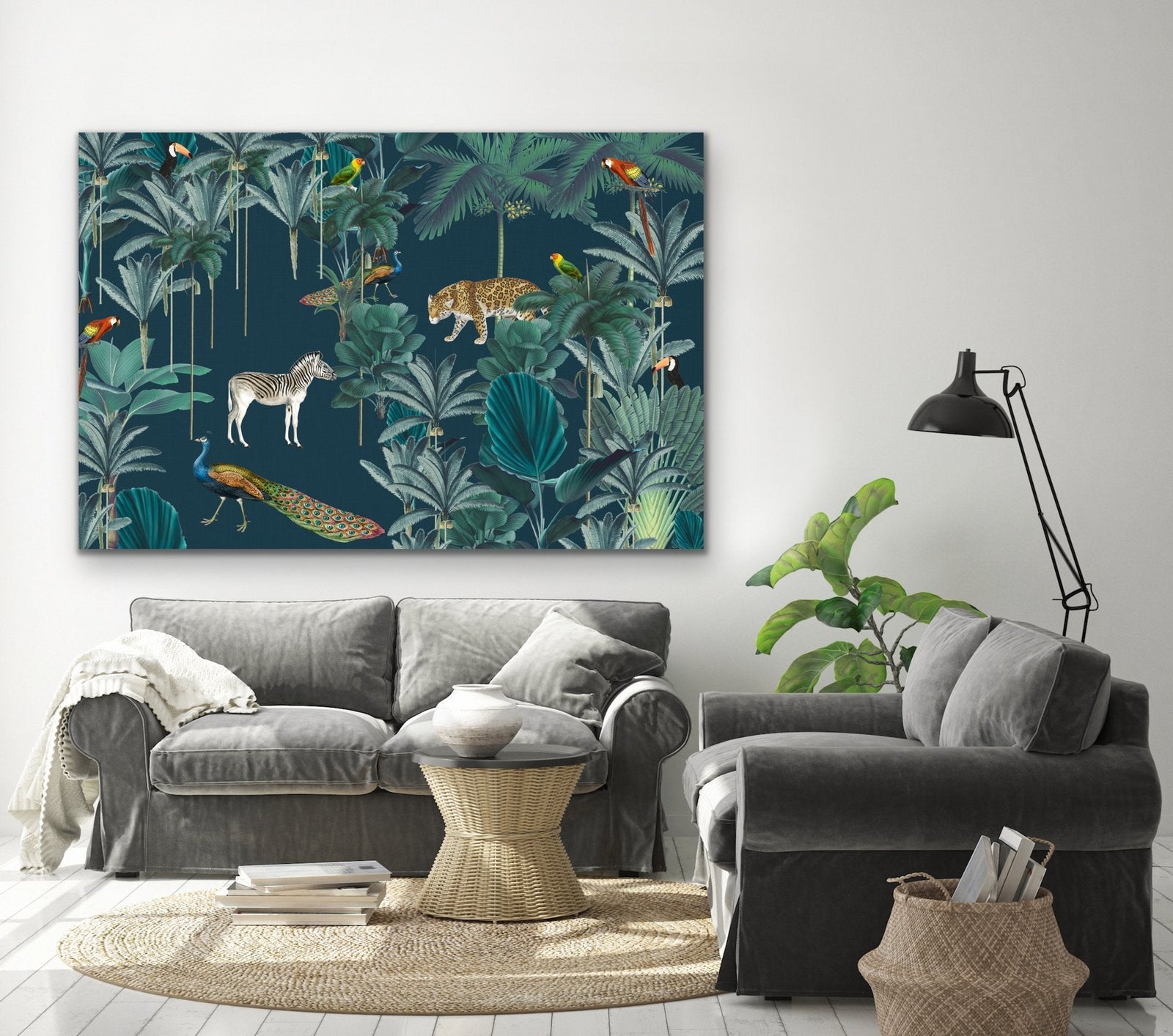 Royal Jungle - Dark Green Animalia Style Jungle Print with Cheetah Zebra Toucan - I Heart Wall Art