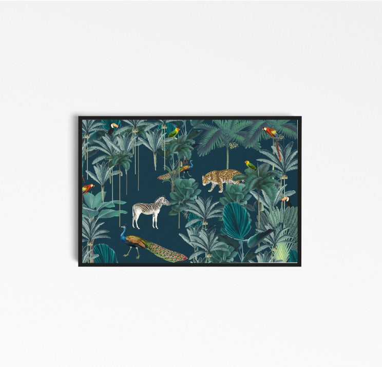 Royal Jungle - Dark Green Animalia Style Jungle Print with Cheetah Zebra Toucan - I Heart Wall Art
