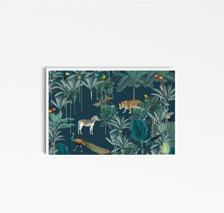 Royal Jungle - Dark Green Animalia Style Jungle Print with Cheetah Zebra Toucan - I Heart Wall Art