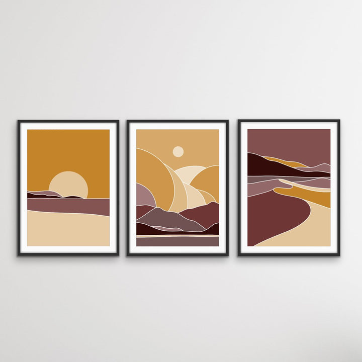 Sahara - Three Piece Geometric Orange and Red Desert Boho Print Set Triptych - I Heart Wall Art