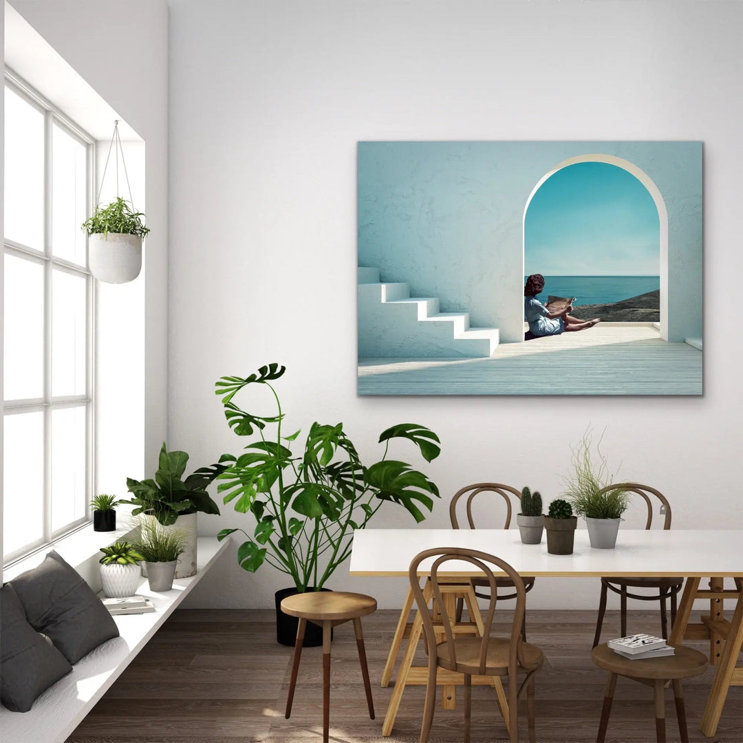 Santorini Summers - Print of Woman Under Arch By The Ocean - I Heart Wall Art