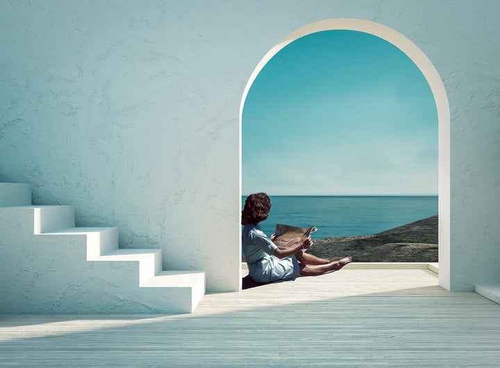 Santorini Summers - Print of Woman Under Arch By The Ocean - I Heart Wall Art