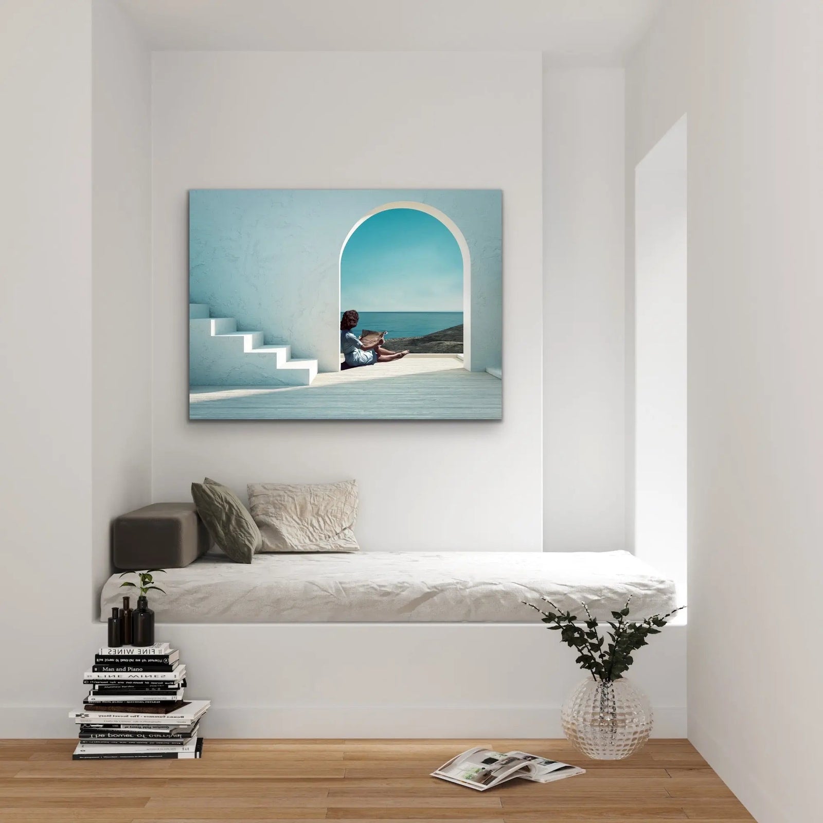 Santorini Summers - Print of Woman Under Arch By The Ocean - I Heart Wall Art