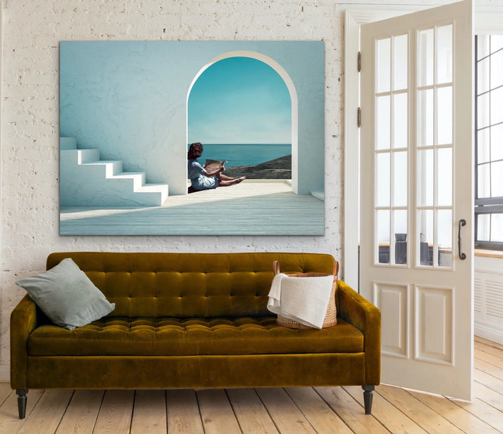 Santorini Summers - Print of Woman Under Arch By The Ocean - I Heart Wall Art