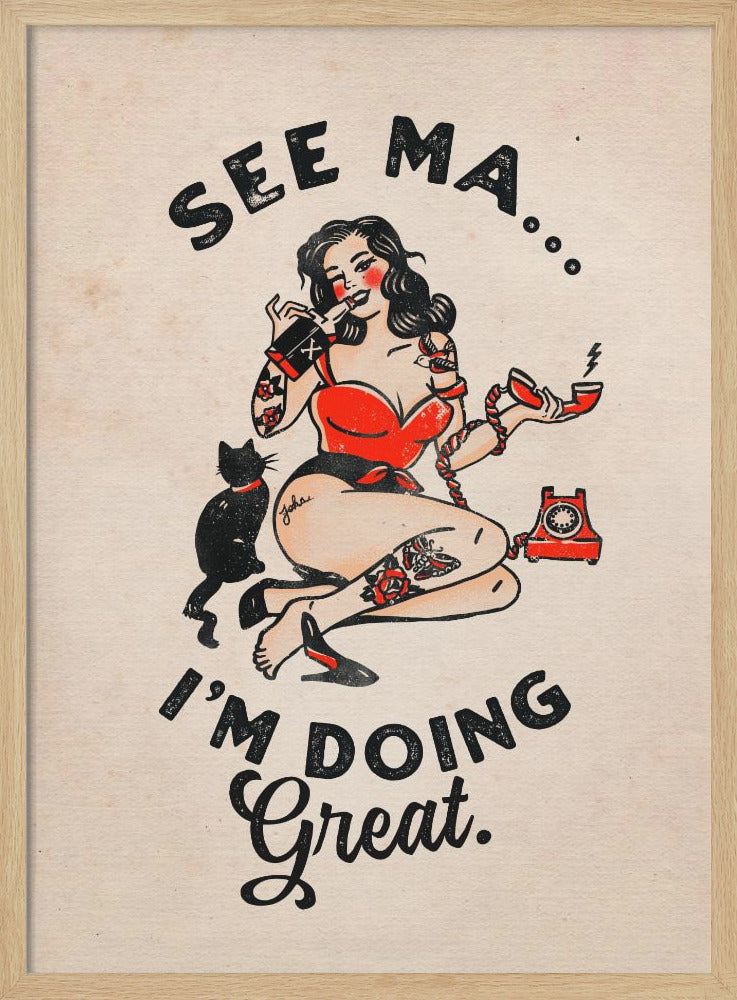See Ma Poster Funny Vintage Pinup Girl &amp;amp; Cat - Stretched Canvas, Poster or Fine Art Print I Heart Wall Art