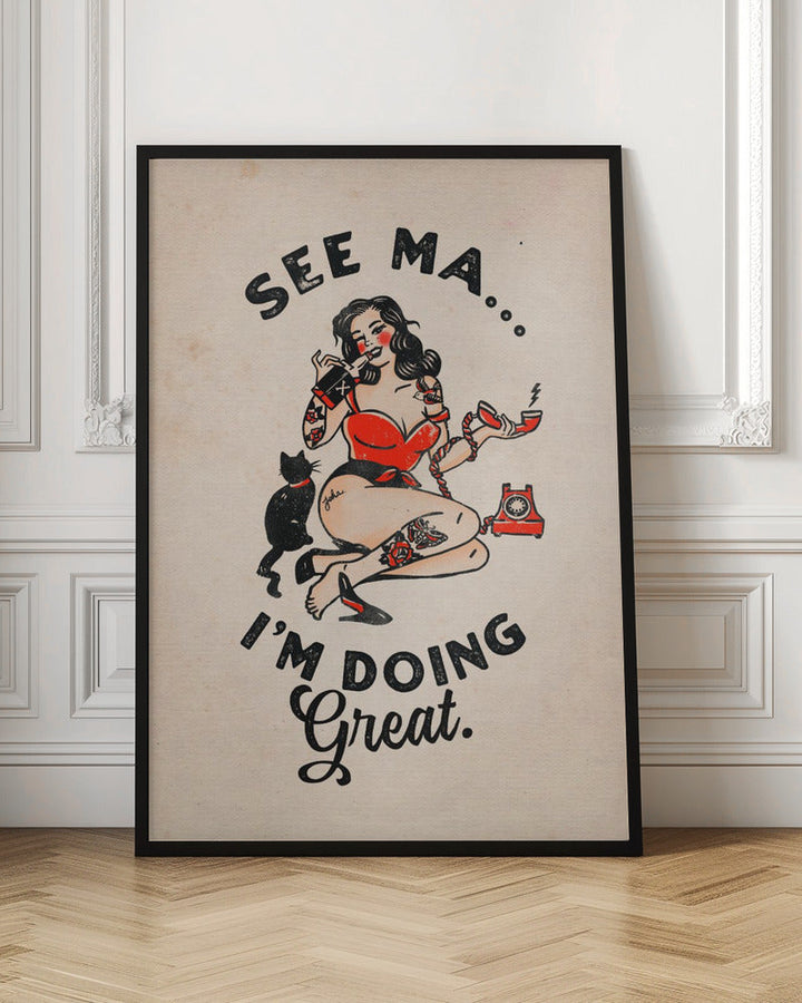 See Ma Poster Funny Vintage Pinup Girl &amp;amp; Cat - Stretched Canvas, Poster or Fine Art Print I Heart Wall Art