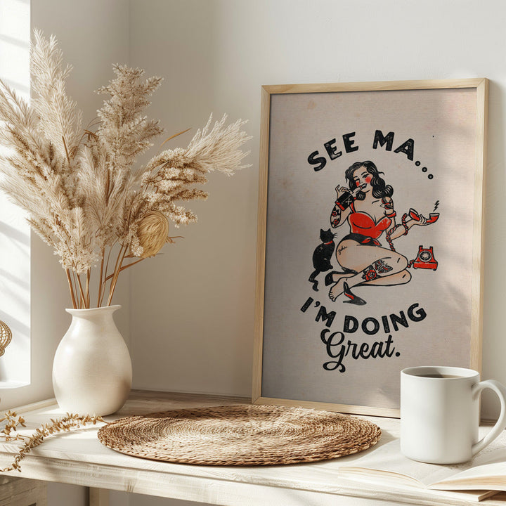 See Ma Poster Funny Vintage Pinup Girl &amp;amp; Cat - Stretched Canvas, Poster or Fine Art Print I Heart Wall Art
