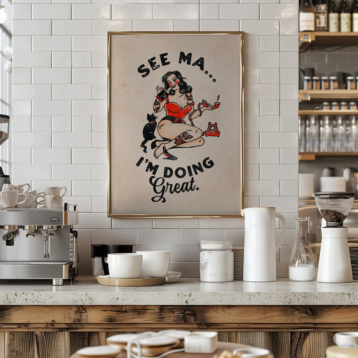 See Ma Poster Funny Vintage Pinup Girl &amp;amp; Cat - Stretched Canvas, Poster or Fine Art Print I Heart Wall Art
