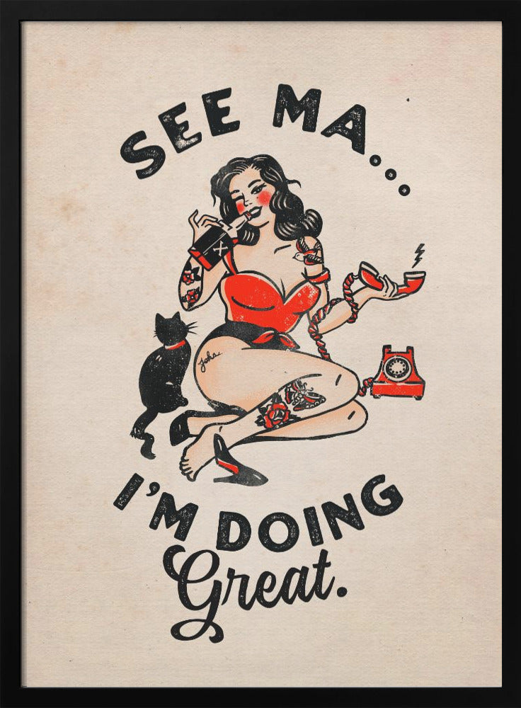 See Ma Poster Funny Vintage Pinup Girl &amp;amp; Cat - Stretched Canvas, Poster or Fine Art Print I Heart Wall Art
