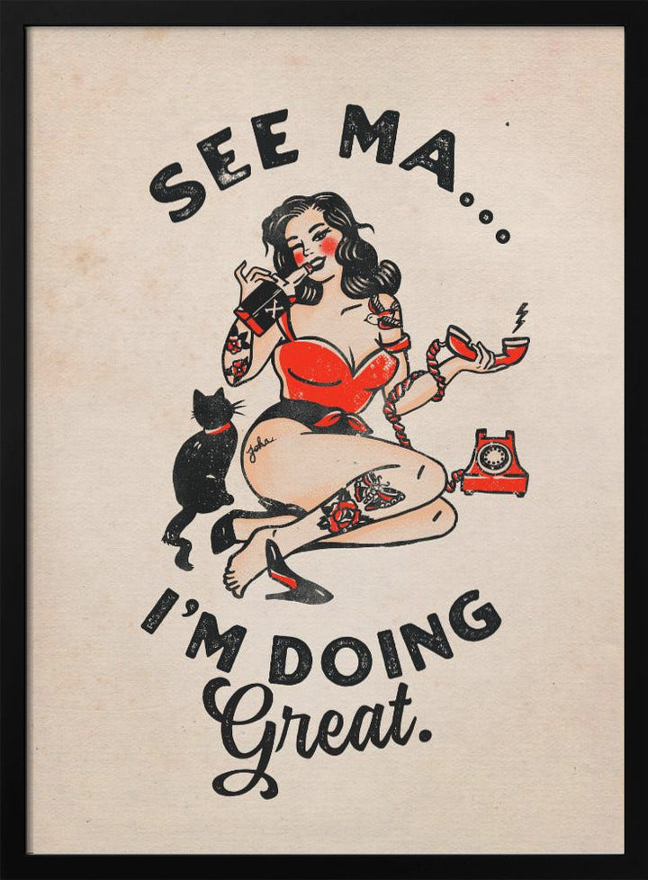 See Ma Poster Funny Vintage Pinup Girl &amp;amp; Cat - Stretched Canvas, Poster or Fine Art Print I Heart Wall Art
