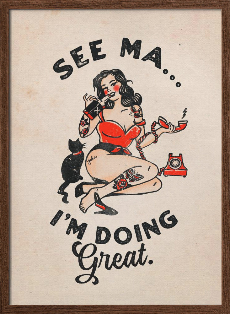 See Ma Poster Funny Vintage Pinup Girl &amp;amp; Cat - Stretched Canvas, Poster or Fine Art Print I Heart Wall Art