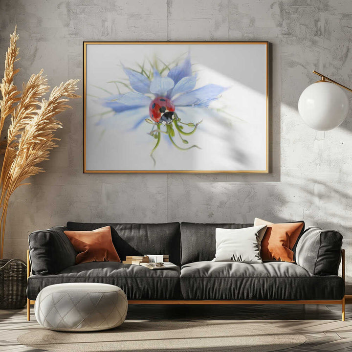 Serene Ladybug on Blue Flower - Floral Photographic Stretched Canvas Poster or Fine Art Print