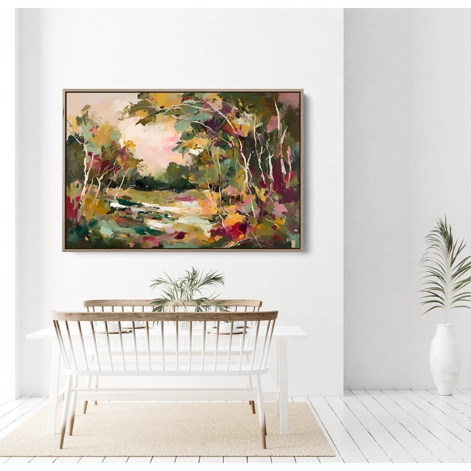 Rectangular framed abstract forest canvas print with vibrant greens pinks and earthy tones titled setting sun