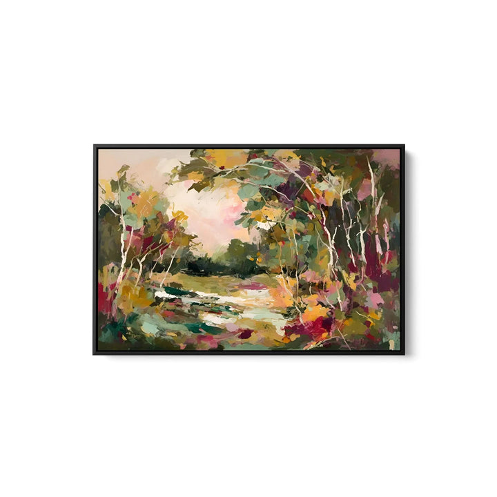 Setting sun abstract forest stretched canvas print with vibrant green yellow pink and purple brushstrokes in black frame