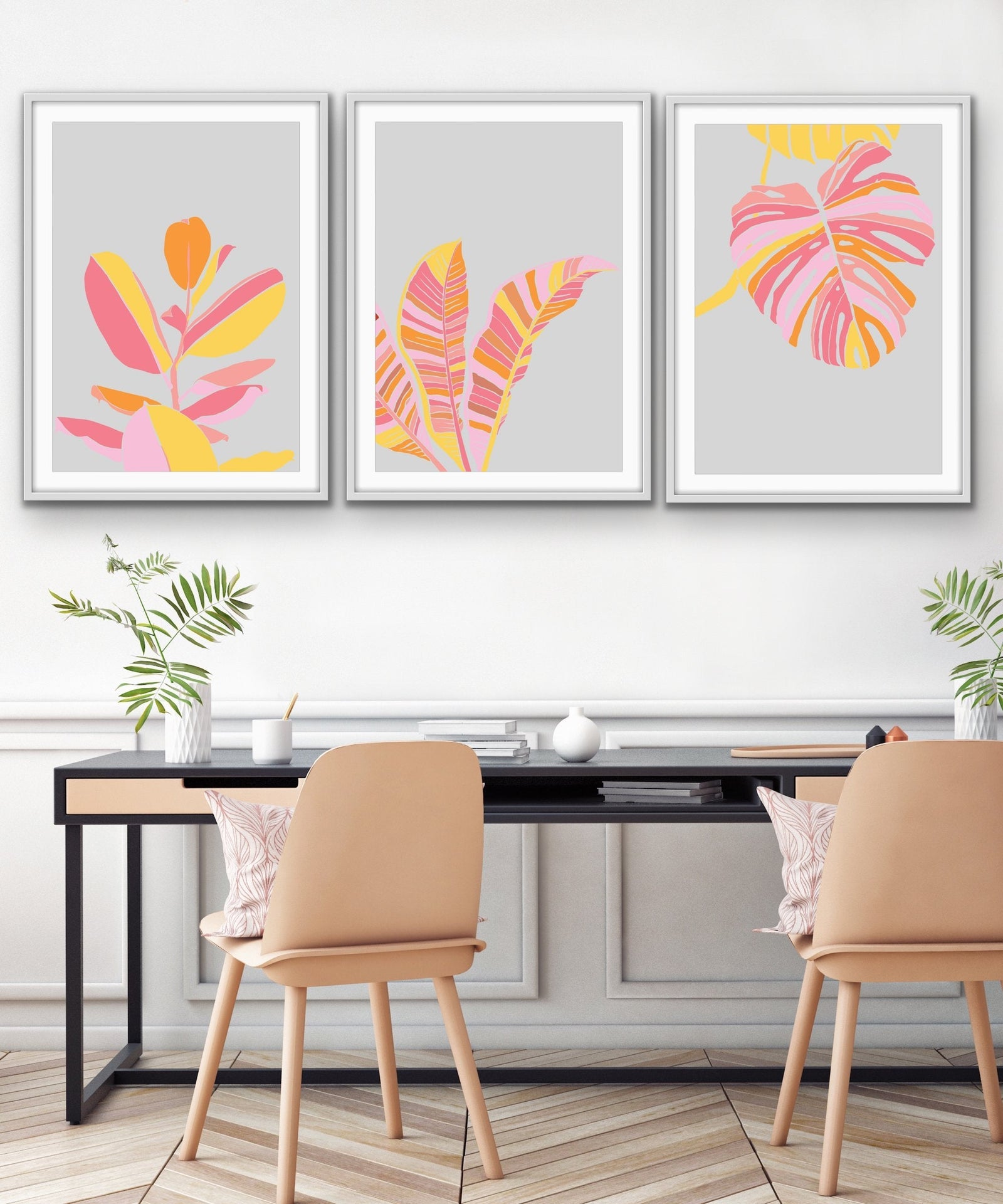 Sherbet Jungle- Three Piece Pastel Pink and Orange Jungle Set Triptych - I Heart Wall Art