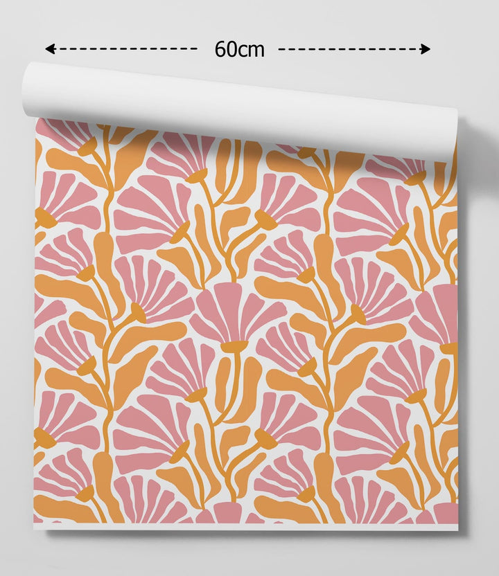 She’s Gone Wild- Pink And Orange Retro Floral Peel and Stick Wallpaper