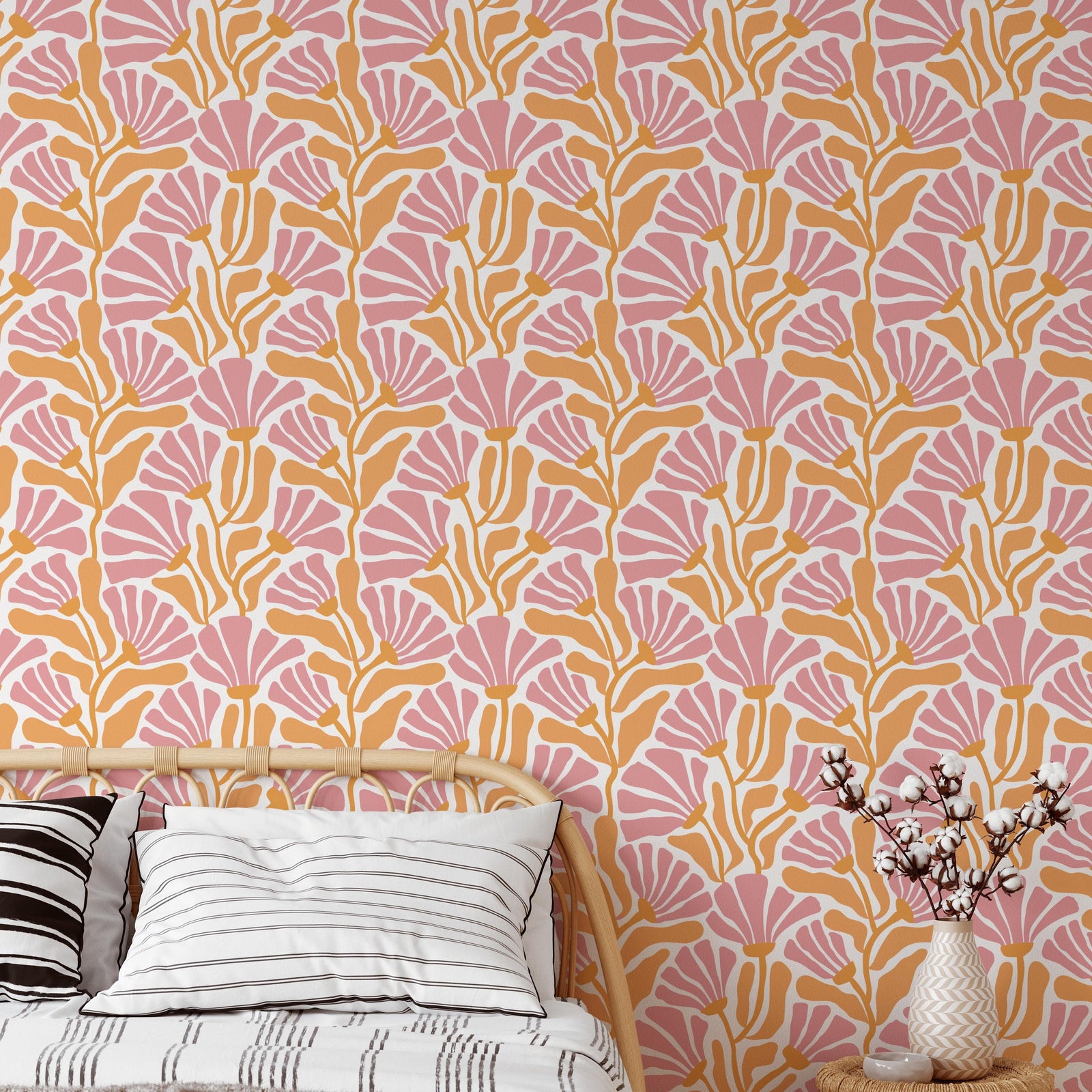 Bedroom with pink and orange floral-patterned wallpaper