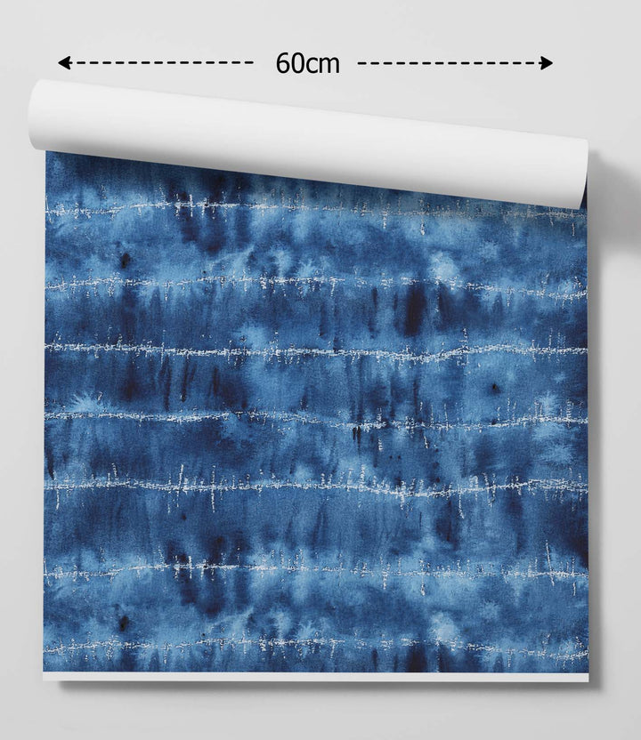 A 60cm wide roll of shibori blue and white ink Japanese inspired peel and stick removable wallpaper with tie-dye texture