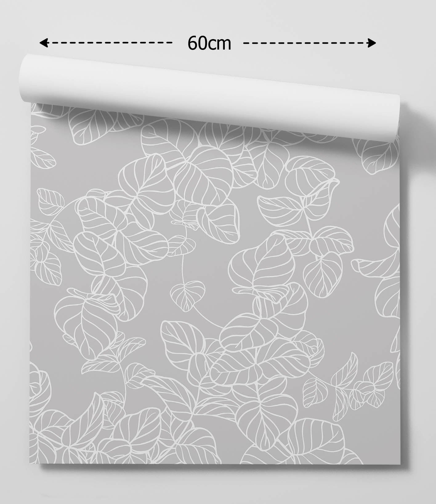 Silver dollar eucalyptus grey line removable peel and stick wallpaper roll with white line art overlapping leaves pattern