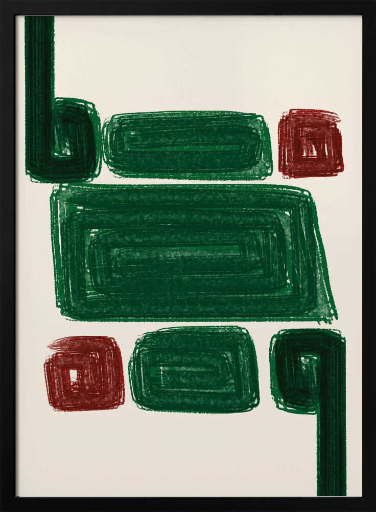 Simplex iii stretched canvas with bold green and red geometric shapes on a cream background framed in black